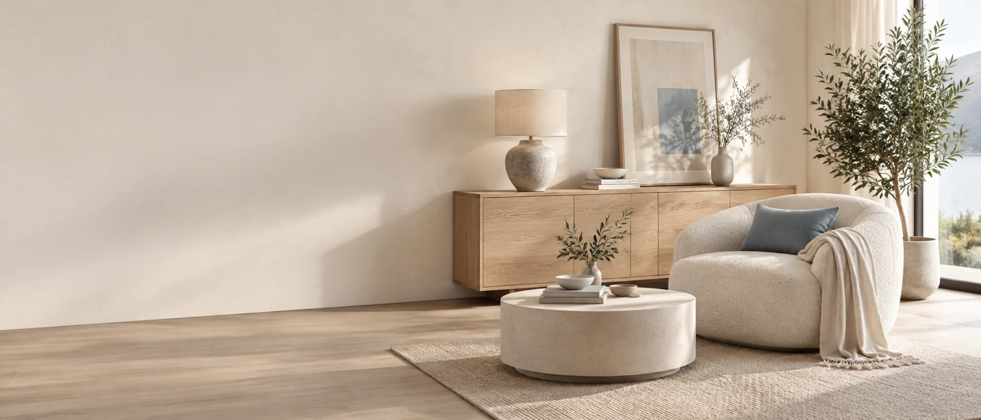 Sala de estar con decoración en tonos naturales
